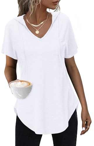 WNEEDU Damhuvtröja kortärmad sommar huvtröja t-shirt v-ringad topp syntetisk blå S-3XL, Vit, L
