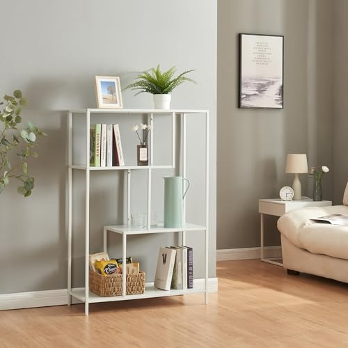 [en.casa] Scaffale in Acciaio Libreria Bassa a 4 Piani Consolle Moderno Stile Industriale Mobile Espositore con Struttura Aperta 115 x 75 x 35 cm - Bianco Opaco