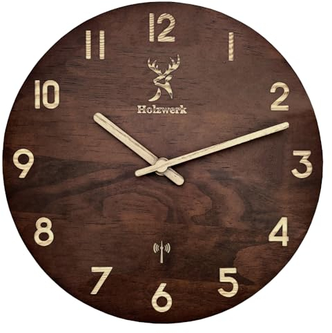 Holzwerk Germany Natur Holz Funkwanduhr Funk Wanduhr Holz-Uhr Vintage Funkuhr lautloses Uhrwerk ohne Tickgeräusche Braun Weiß lautlos aus handgefertigtem Massivholz Natur Holz 25 cm