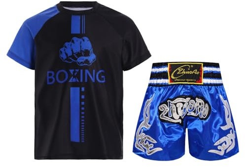 Jowowha Kinder Jungen Boxing Kleidung Trainingsanzug Muay Thai Boxing Shorts + T-Shirt Sportanzug MMA Kampfsport Kickboxing Boxing Set A Blau 158-164