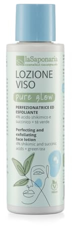 La Saponaria | Lozione viso Pure Glow, tonico esfoliante perfezionatore con 4% acido shikimico e succinico e estratto di tè verde, ideale per una pelle più liscia e luminosa. 150 ml