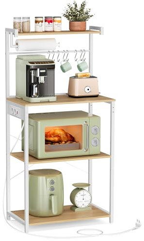 VASAGLE Scaffale da Cucina con Presa Elettrica, Bar Caffè a 4 Ripiani con Uno Regolabile, Supporto per Microonde, Porta Carta da Cucina, 40 x 60 x 140 cm, Rovere Dorato e Bianco Nuvola KKS014Y02