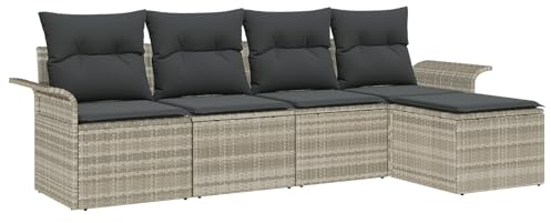 vidaXL Garten-Sofa-Set mit Kissen 5 pcs Hellgrau Poly Rattan, Garten und Terrasse, modernes, modulares Outdoor-Sofa, verstellbare Füße, Rattan-Sitzgruppe, wetterfest