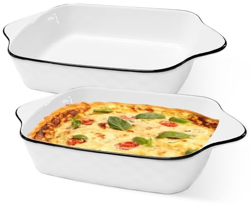 Juego de 2 moldes para lasaña, 10,5 pulgadas, fuente de cerámica, rectangular, lisa, molde pequeño para horno para lasaña, hornear, comida gourmet, resistente al calor (patrón de rombos blancos)