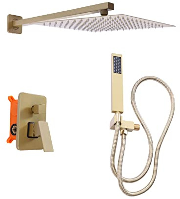 Juego de grifo de ducha empotrado, sistema de ducha con termostato, 30 x 35,7 cm, color dorado cepillado, juego de ducha con ducha de mano y alcachofa