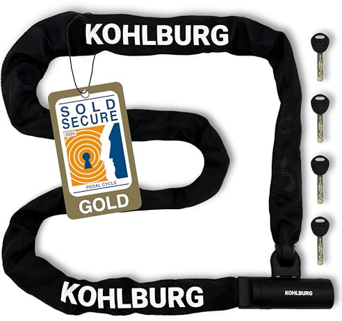 KOHLBURG 200cm Sicherheits- Kettenschloss - Schloss mit 8,3mm starker 4-Kantkette aus Spezialstahl- 2 Meter extra lang - sicheres Fahrradschloss 2m Länge - 4 Schlüssel für E-Bike Fahrrad & Motorrad