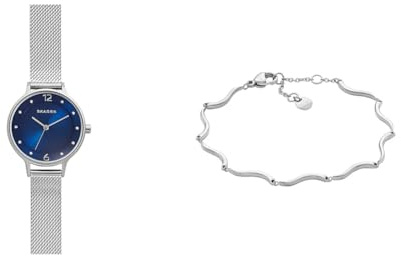 Skagen Damen Anita Lille Silberfarbene Edelstahl Uhr und Essential Waves Armband, Set