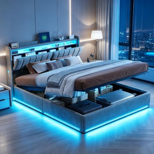 Bagagebädd 160 x 200 med LED och USB-portar, 160 x 200 sängar med bagageutrymme, vadderade dubbelsängar med hydraulisk förvaring, vuxensäng med ribbotten med sänggavel (grå) 1, 160 x 200)