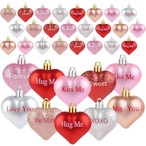 24 Pcs Valentine's Day Heart Ornaments Glitter Heart Shaped Decorations with Romantic Quotes Valentines Hanging Pendants Decor for Christmas Tree Party Anniversary Wedding