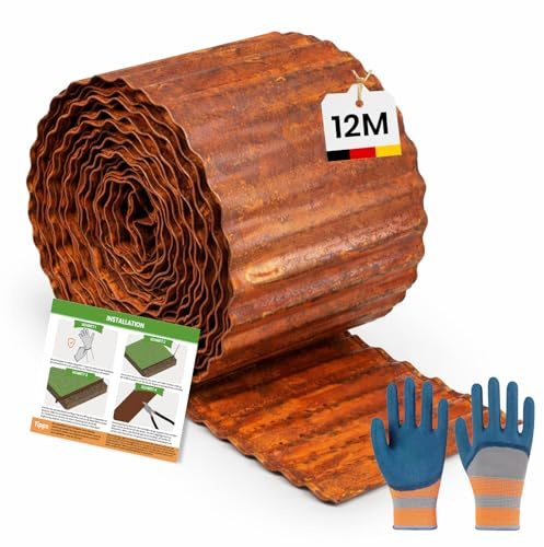 TOFFCAEA Bordura per Giardino in Acciaio Corten 12m x 15 cm, Bordura per Aiuola in Metallo, Bordo per Prato in Ruggine, 1 Paio di Guanti Incluso, per delimitare aiuole (Forma ondulata, 12M x 15CM)