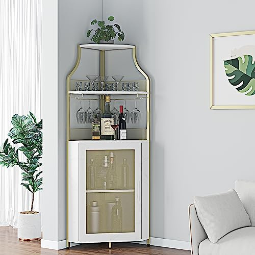 Aptliton Corner Bar Cabinet with Glass Holder & 4-Tier Wine Rack – Freestanding Home Bar Unit with Mesh Door Storage, Wine Glass Hanger, Adjustable Shelves & Anti-Tip Fixing for Living Room