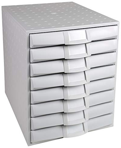 Exacompta 226040D Ablagebox The System mit geschlossenen 8 Schubladen für DIN A4+ Dokumente. Belastbare Schubladenbox mit hoher Kapazität für mehr Platz auf dem Schreibtisch lichtgrau