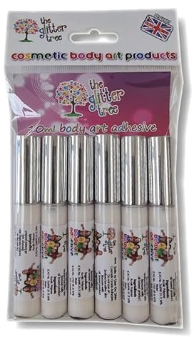 Professional body art adhesive - 6 x 10ml individual shatterproof containers with sponge wand applicator for easy use. Ideal glue for glitter tattoos, temporary body art, gems and festival makeup