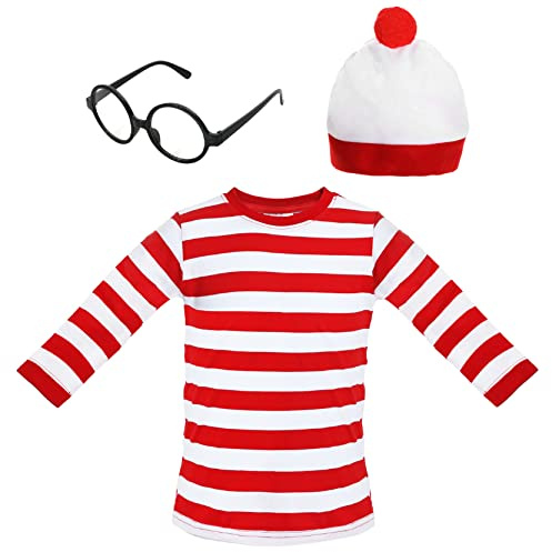 Barn 'Find Me' bokkaraktär kostym – XL – långärmad röd och vit randig topp + röd och vit tofsmössa + svart nörd glasögon maskeraddräkt set för World Book Day