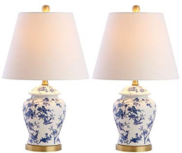 JONATHAN Y 22 Blue/White Ceramic Table Lamp, French Country Chinoiserie Ginger Jar LED Bedside Lamp for Living Room Bedroom, White Linen Shade (JYL3005A-SET2)