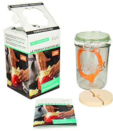 Weck Le Parfait Drahtbügelglas 1000 ml (inkl. Gummiring, Glas zum Fermentieren/einmachen, Einmachglas mit Rezept-Heft) 44840