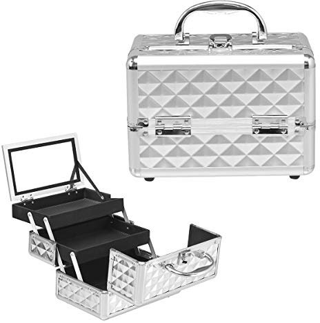 GIANTEX Kosmetikkoffer mit Spiegel, Beauty Make-up Case Schminkkoffer aus ABS und Aluminium, 2 ausziehbare Ablagen, ausklappbarer & tragbarer Etagenkoffer Friseurkoffer Multikoffer (Silber)