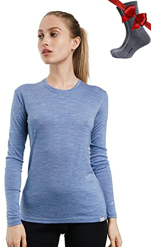 100% Merino Wool Base Layer Womens - Long Sleeve Thermal Shirts + Socks (Medium, 165 Deep Blue)