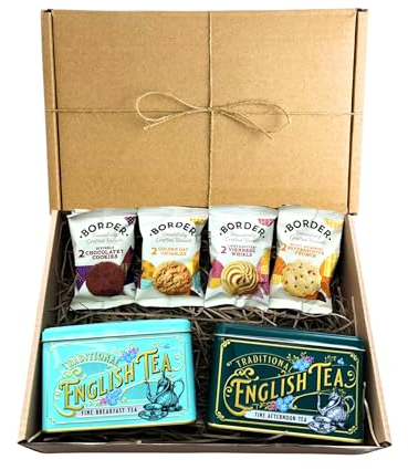 Afternoon Tea & Biscuits Hamper With 8 Border Biscuits & 80 English Teabags (Breakfast & Afternoon) Vintage Tins | Tea & Biscuit Lovers Gift Hamper