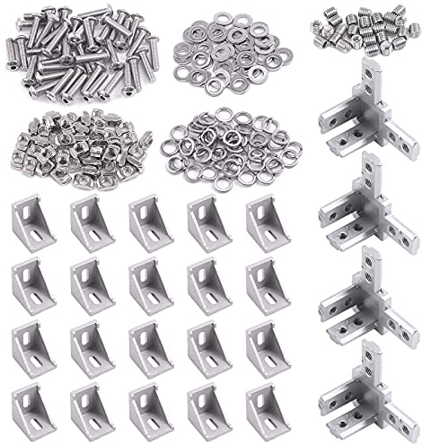 Glarks 216-teiliges Aluminium-Profilverbinder-Set der Serie 3030, beinhaltet 20 x 3030 Eckwinkel, 40 x M6-T-Muttern, 4 x 3-Wege-Eckverbinder, M5 x 20 Knopfschrauben und flache Unterlegscheiben