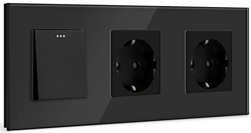 BSSED Lichtschalter mit Doppelt Steckdose 1 Fach 1 Weg,10A Kristall Glas Platte Wandschalter mit 16A Schuko Steckdose Schwarz, Physische Taste Schalter mit Steckdose- 228mm