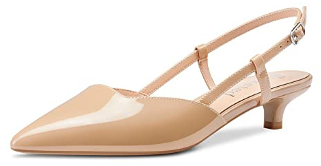 Saekcted Women Low Kitten Stiletto Heel Close Pointed Toe Pumps Court Shoe Ankle Strap Slingback Buckle Wedding Office Cute Sandals Shoes Beige Nude Patent 5.5 UK