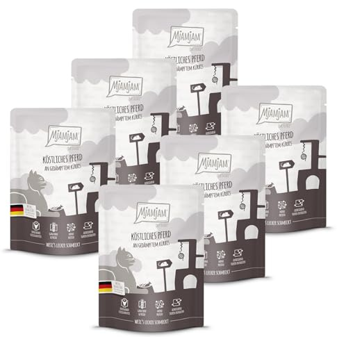 MjAMjAM - comida húmeda premium para gatos - Quetschie - delicioso caballo sobre calabaza al vapor, pack de 6 (6 x 300 g), sin cereales con extra de carne
