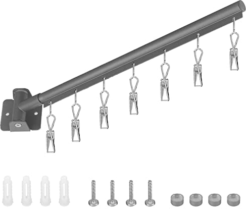 Lxoraziy Tendedero de Ropa Montado en la Pared con 7 Clips, Soporte Secado Calcetines de Aluminio, Giratorio 180°, para Ropa Interior, Sujetadores, Bufandas, Ropa Bebé
