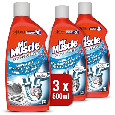 Mr Muscle Sciogli Capelli, Stura Lavandini e Scarichi, Disgorgante, Forte per Capelli e Peli di Animali, Sicuro per i Tubi - Formato scorta da 3 pezzi da 500ml