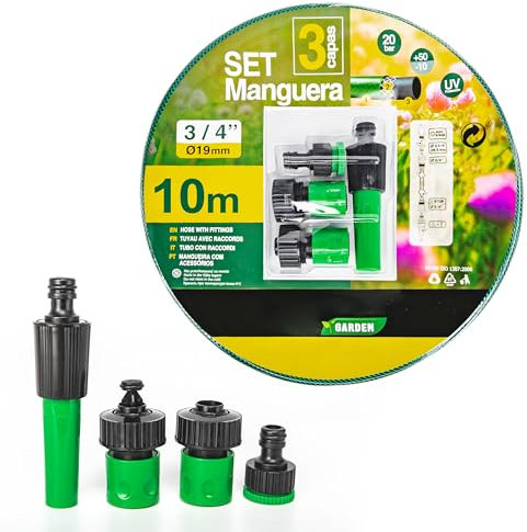 Manguera de Agua de Jardín 3/4 Pulgadas(19mm) 10m - Set Manguera con Conexión y Boquillas para Riego Reforzada 3 Capas -Presión de rotura de 20 bar