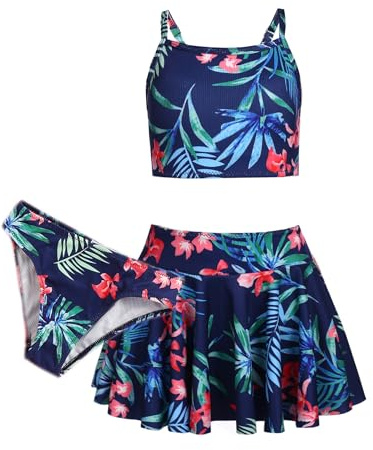Arshiner Niñas Conjunto de Bikini Traje Baño de Verano de 3 Piezas Niños Tankini De Tres Piezas con Falda Estampado Floral Traje de Baño Bikinis para Niñas 7-8 Años