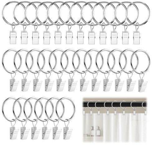 ALLisWE 30PCS 32mm Metal Curtain Rings With Clips - Rustproof Shower Hanging Rings for Home Bathroom Window Pole - Decorative Photo Decors