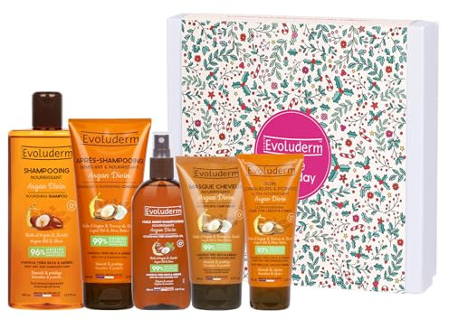 EVOLUDERM – Coffret - Argan Divin - Avant Shampoing + Shampoing Nourrissant + Après-Shampoing Démêlant + Soin Longueurs & Pointes + Masque 150 ml - Fabrication Frnaçaise