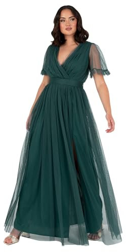Anaya with Love Damen Ladies Maxi for Women V Neckline Short Sleeve Frilly Long Empire Waist Wedding Guest Bridesmaid Maid of Honour Dress, Emerald Green, 52 EU