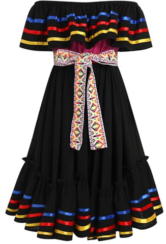 EFOGEP Robe mexicaine pour fille - Robe traditionnelle folk Ruffle drapée avec ceinture - Épaules dénudées - Cinco De Mayo Folklorico Fiesta - Costume d'Halloween - Carnaval - Anniversaire - Robe de