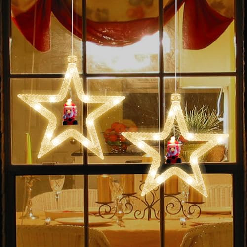 Jsdoin - Luces de Ventana de Navidad, 2 Unidades, Luces de Cortina de Estrella de Navidad,Temporizador, Funciona con Pilas, Colgante Color Blanco cálido, para, Tienda, Ventana,
