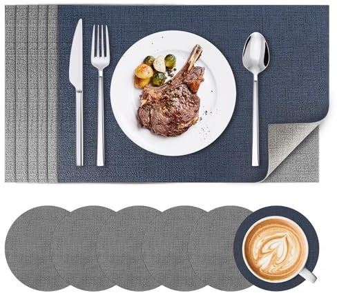 Juego de 6 Manteles Individuales y 6 Posavasos de Cuero PU, Lavables, Antideslizantes, Impermeables, Doble Cara, Resistente al Calor – 43 x 30cm (Azul Oscuro + Gris Oscuro)