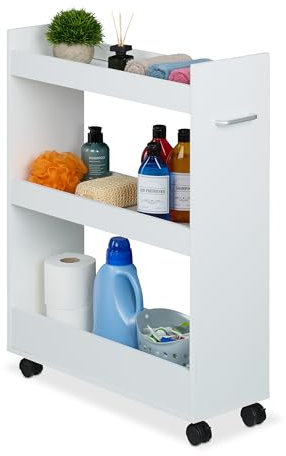 Relaxdays Nischenwagen, 3 Fächer, HxBxT: 78 x 21,5 x 63 cm, Bad und Küche, MDF, schmaler Rollwagen, mit Griff, weiß