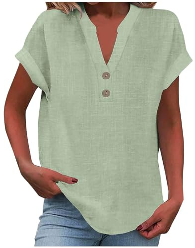 KOG Damen Tshirt Elegante Leinenshirt Oberteile Fashion Kurzarm T-Shirts Frau Tee Shirt Sommer Leinen Shirts Frauen Rundhals Basic Longbluse Grün L