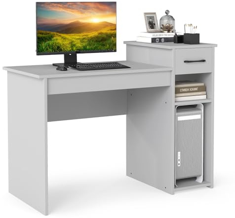 COSTWAY Computer Desk, Wooden PC Laptop Table Writing Workstation with 2-tier Storage Shelf, Drawer & CPU Stand, Modern Compact Working Gaming Study Desk for Home Office (Grey)