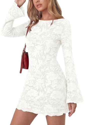 PRETTYGARDEN Women's 2026 Fall Fashion Floral Long Sleeve Mini Dress Mesh Bodycon Short Party Date Night Going Out Dresses (Floral White,Large)
