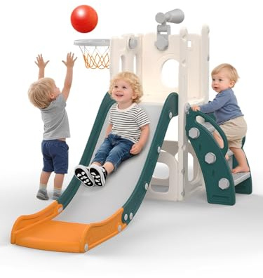 hoopyosms Scivolo per Bambini con Canestro da Basket, Palla e Telescopio Giocattolo, Set Giochi per Interni ed Esterni, per Bimbi Piccoli e in Età Prescolare(Verde)