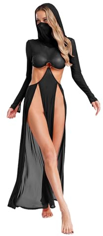 Yhong Vestito Lungo Gotico in Rete Trasparente per Donna Abito Maxi con Apertura Alta Maschera Facciale con Cappuccio Maniche Lunghe Costume da Bagno per Spiaggia