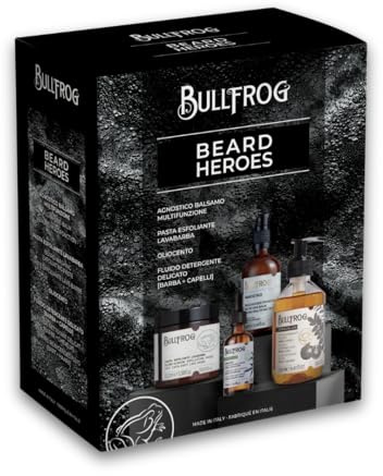 Bullfrog - Kit Beard Heroes, Agnostico Balsamo Multifunzione Originale 100ml, Pasta Esfoliante Lavabarba 100ml, Oliocento 50ml, Fluido Detergente Delicato 250ml
