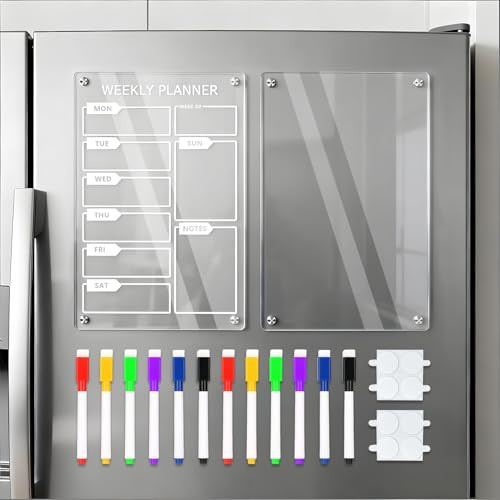 TTYSHIP® 2 Pièces Tableau Frigo Magnétique Transparent, A4 Effaçable Tableau Acrylique Magnetique Frigo avec 12 Marqueurs de Couleurs pour Bureau Maison