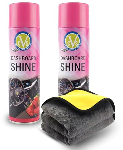 CVS2020.COM 2xCar Dashboard Cleaner Spray-500ML & 2xMicrofiber Cloth | Car Interior Cleaning, Cockpit Shine Spray & Microfibre Cloth for Car Detailing, Polishing & Cleaning