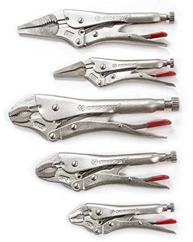 Crescent CLP5SETN 5 Piece 127mm/5-Inch, 178mm/7-Inch and 254mm/10-Inch Curved Jaw and 152mm/6-Inch, 229mm/9-Inch Long Nose Locking Pliers Set with Wire Cutters - Silver