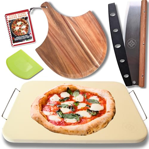 Set di 5 pietre per pizza per forno e grill, kit di accessori per la preparazione della pizza, con pietre per pizza da 38,1 cm, pela, taglierina e strumento per impasto, pietra da forno per pane,