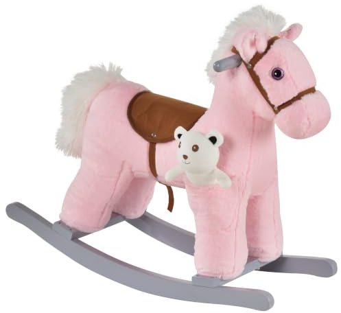 HOMCOM Ride-On Rocking Horse Realistic Sounds for Child 18-36 Months Pink | Kids Plush, Toy Rocker, Plush Toy