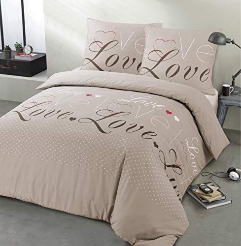 Vision - Parure de lit Flanelle - Love Beige - Housse de Couette 200 x 200cm avec 2 taies Assorties 65x65cm pour lit 2 Personnes - Flanelle: Doux et Chaude - Fibres Naturelles - Oekotex